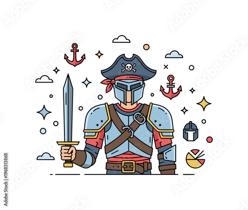 Battle-ready costumes pirate warrior concept where a character wears armor with nautical accessories while small sparkle and line icons emphasize swashbuckling