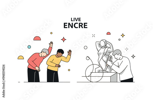 Live concert encore moment concept where performers bow and wave to the audience while tiny sparkle and star icons highlight celebration, connection, and music