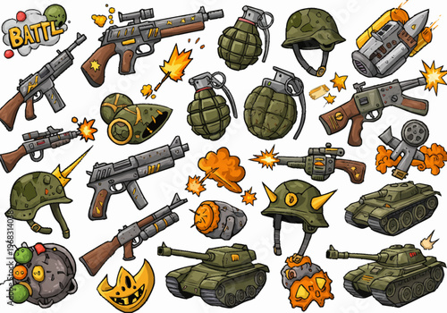 Military equipment and weapons are scattered on the battlefield scene