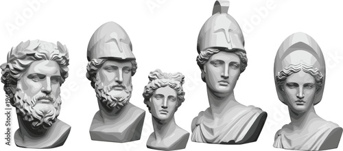 Classical Greek and Roman Sculpture Busts Set with Warrior Helmets and Ancient Marble Portraits in High Detail Artistic Style