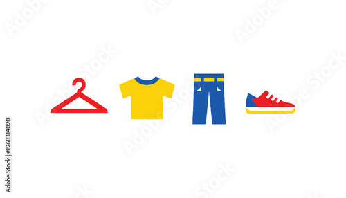 Clothing icon set with hanger, shirt, pants and sneaker vector illustration