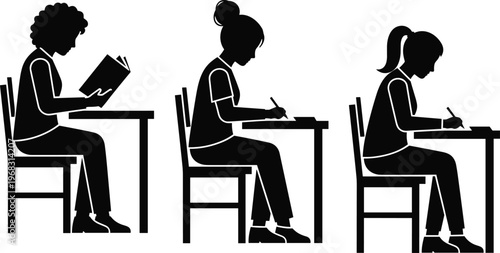 Black vector silhouettes of diverse female students sitting at desks in a classroom setting, reading books and writing notes for education and academic study.