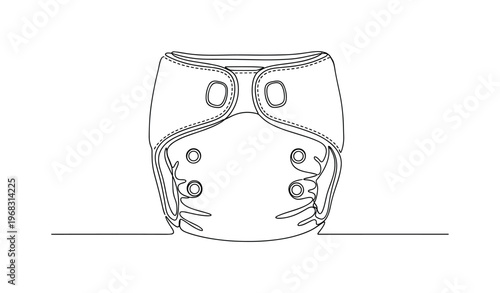 Cloth Diaper. Minimalistic one-line drawing reusable baby diaper with simple stitching and fasteners, continuous single black line on white background, simple