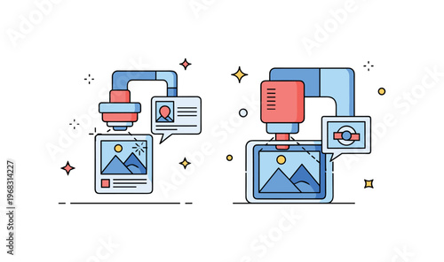 Image analysis software image segmentation concept where different regions of a photo are highlighted while tiny sparkle and line icons emphasize recognition,