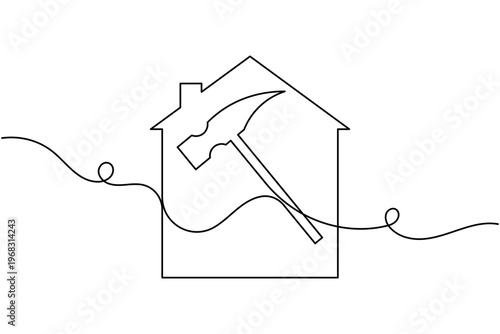 Hammer and house icon continuous one line drawing on white background single art minimalist home repair symbol outline vector illustration