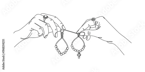 Artisanal Jewelry Making. Minimalistic one-line drawing hands crafting pendants and rings with wire and beads, continuous single black line on white