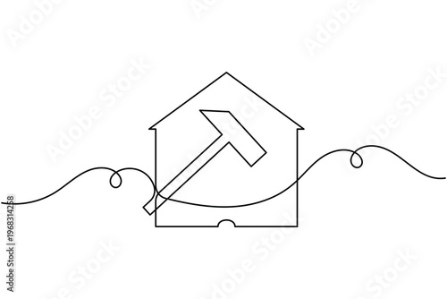 Hammer and house icon continuous one line drawing on white background single art minimalist home repair symbol outline vector illustration