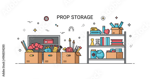 Stage props prop storage concept where boxes and shelves are filled with colorful theatrical props while tiny sparkle and line icons highlight organization,
