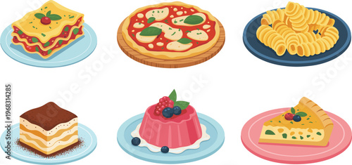 Delicious food illustration set featuring pasta pizza lasagna and desserts perfect for menu design restaurant branding and culinary projects