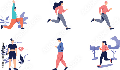 Healthy Lifestyle and Running Activity Illustration Set with Jogging, Fitness Training and Outdoor Exercise Characters Flat Vector Collection