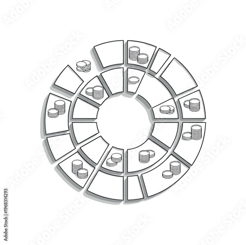 financial allocation circular grids abstract blocks and thin coin icons detailed monochrome diagram showing budget or resource division among departments with