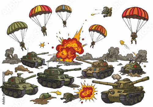 Military tanks and parachuters engage in intense battle scene with explosions