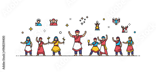 Dance festival cultural showcase scene where traditional dancers perform in coordinated formations while small sparkle and line icons emphasize heritage,