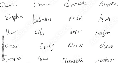 Handwritten list of popular female names in cursive script arranged in grid format on white background