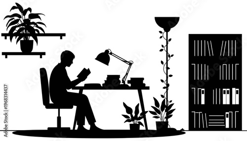 Man sitting at a desk with a lamp and plants in silhouette