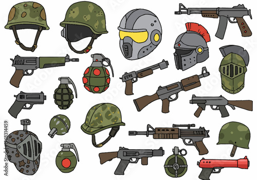 Soldiers prepare for battle with various military gear and weapons on display