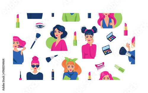 fashion portrait seamless pattern, repeating pattern, surface design, textile print, modern illustration of models posing with bold makeup, colorful