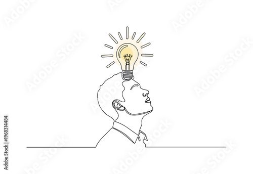 Mental Breakthrough. Minimalistic one-line drawing person with glowing lightbulb showing a creative solution, continuous single black line on white background,