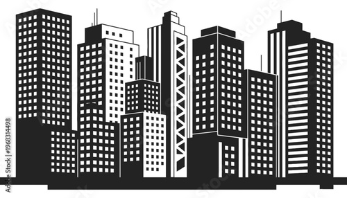 A black and white cityscape illustration with modern skyscrapers and buildings