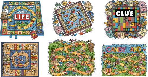 Classic Board Game Set with Life, Clue, Candy Land, and Monopoly in Colorful Hand-Drawn Style