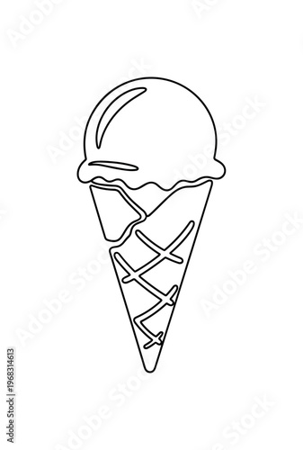 Classic Ice Cream. Minimalistic one-line drawing single scoop ice cream on cone with waffle pattern, continuous single black line on white background, simple