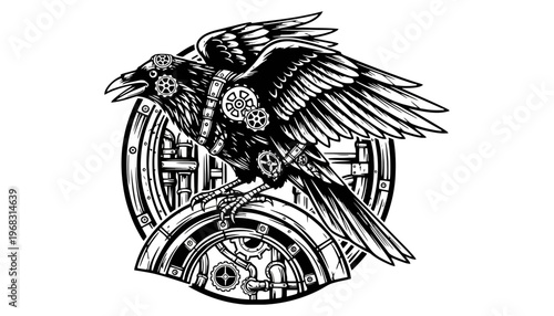 A steampunk crow illustration with mechanical gears and clockwork details
