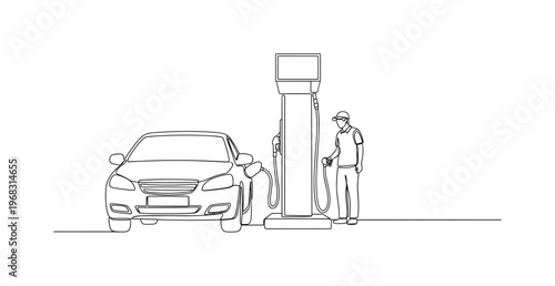 Gas Station Scene. Minimalistic one-line drawing car parked next to fuel pump with person refueling, continuous single black line on white background, simple