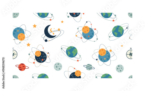 day-night cycle icons seamless pattern, repeating pattern, surface design, textile print, modern illustration of rotating Earth, sun, moon, stars, orbit paths