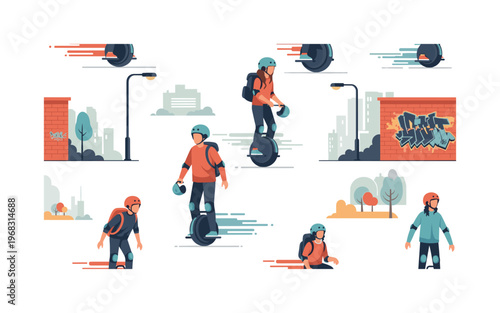 rider gang icons seamless pattern, repeating pattern, surface design, textile print, modern illustration of people riding electric unicycles, helmets, knee