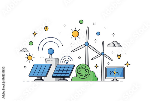 Environmental data renewable energy tracking scene where solar panels and wind turbines transmit data while small sparkle and sun icons emphasize