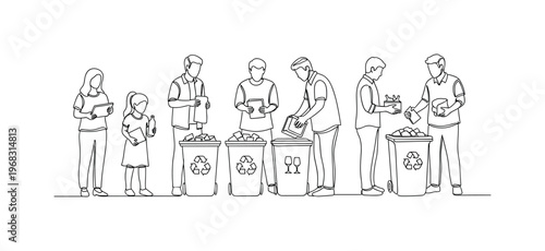 Green Community Project. Minimalistic one-line drawing residents participating in recycling collection, continuous single black line on white background,