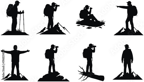 Hiker silhouette vector icons set with various mountain poses and activities