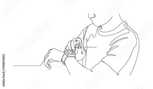 Wrist Fitness Device. Minimalistic one-line drawing individual checking smartwatch with activity metrics, continuous single black line on white background,