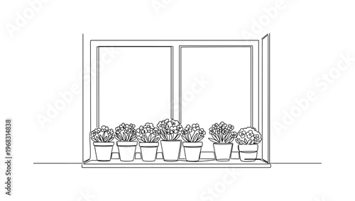 Window Sill Flowers. Minimalistic one-line drawing small pots with flowering plants lined on window, continuous single black line on white background, simple