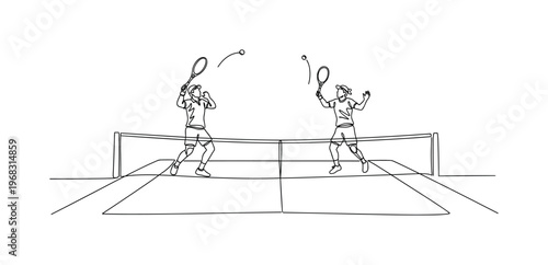 Tennis Rally. Minimalistic one-line drawing two players exchanging shots across net, continuous single black line on white background, simple outline style, no