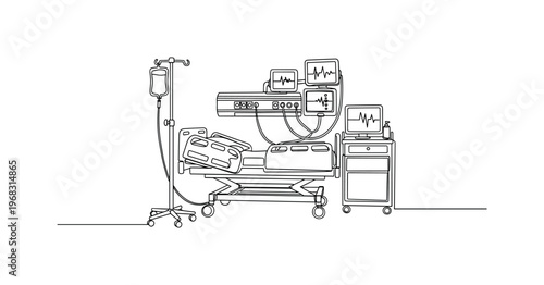 Delivery Room Scene. Minimalistic one-line drawing hospital bed, IV stand, and medical monitors in delivery room, continuous single black line on white