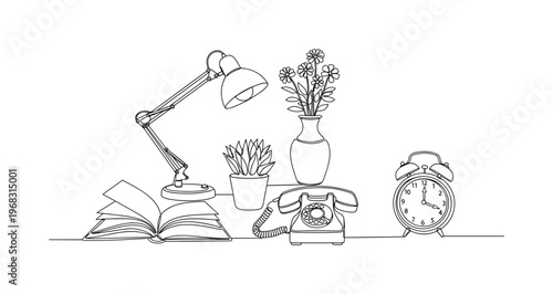 Vintage Memories. Minimalistic one-line drawing nostalgic objects like books, lamps, and vases, continuous single black line on white background, simple