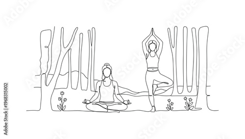 Serene Forest Yoga. Minimalistic one-line drawing individual in seated or standing yoga pose amidst woodland, continuous single black line on white background,
