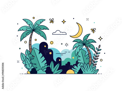 Tropical jungle night jungle scene where fireflies and moonlight filter through dense foliage while tiny sparkle and star icons highlight mystery, calm, and