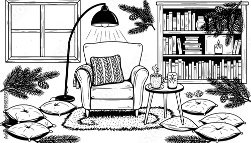 A cozy armchair illustration with a floor lamp and bookshelf nearby