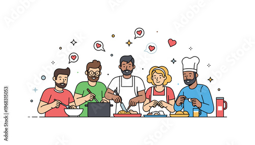 Group of friends cooking together scene where friends prepare a meal while tiny sparkle and heart icons highlight fun, cooperation, and bonding. The