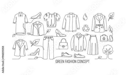 Green Fashion Concept. Minimalistic one-line drawing clothing, shoes, and accessories with environmental icons, continuous single black line on white