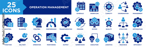 Operation Management Icon Set Collection. Icon Pack Contain Process, Planning, Control, Strategy, Workflow, Efficiency, Schedule, Coordination, Monitoring, Execution