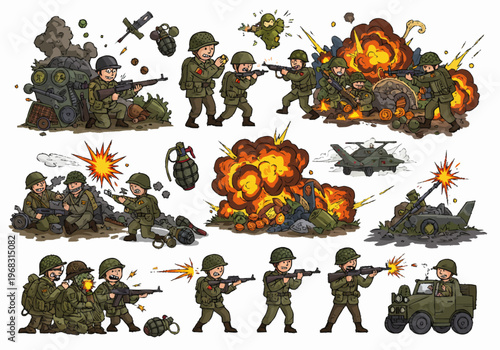 Soldiers engage in combat with explosions and military vehicles in a war zone scenario with action and chaos unfolding