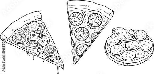 Hand drawn pizza slices and appetizer with pepperoni and tomato white background