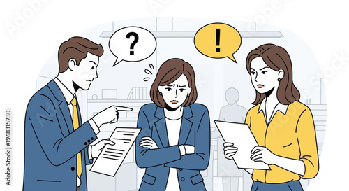 Business people arguing and confused colleague in office setting.