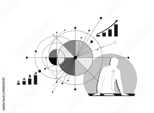 strategic growth geometric circles intersecting lines and abstract staircase icons detailed monochrome business owner planning long-term growth strategy with