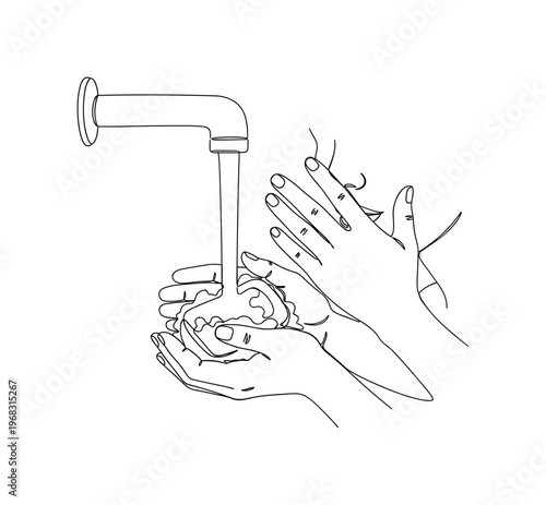 Preventing Germs. Minimalistic one-line drawing hand washing with soap and water while avoiding touching face, continuous single black line on white