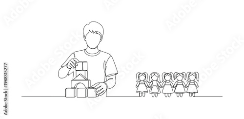 Sorting Toys. Minimalistic one-line drawing individual stacking building blocks and arranging dolls, continuous single black line on white background, simple