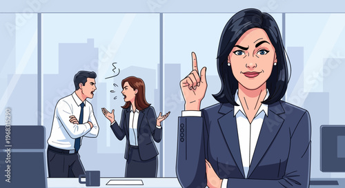 Confident businesswoman with a stern expression and raised finger.
